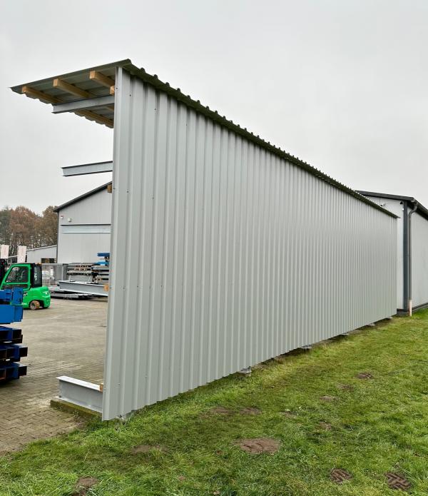 Kragarmregal – 14,20 lfm | Höhe 400 cm | Tiefe 147 cm | 4 Ebenen | 1000 kg/Arm | Mit Dach & Rückwand | Feuerverzinkt | BLT Kragarmregal Neuware