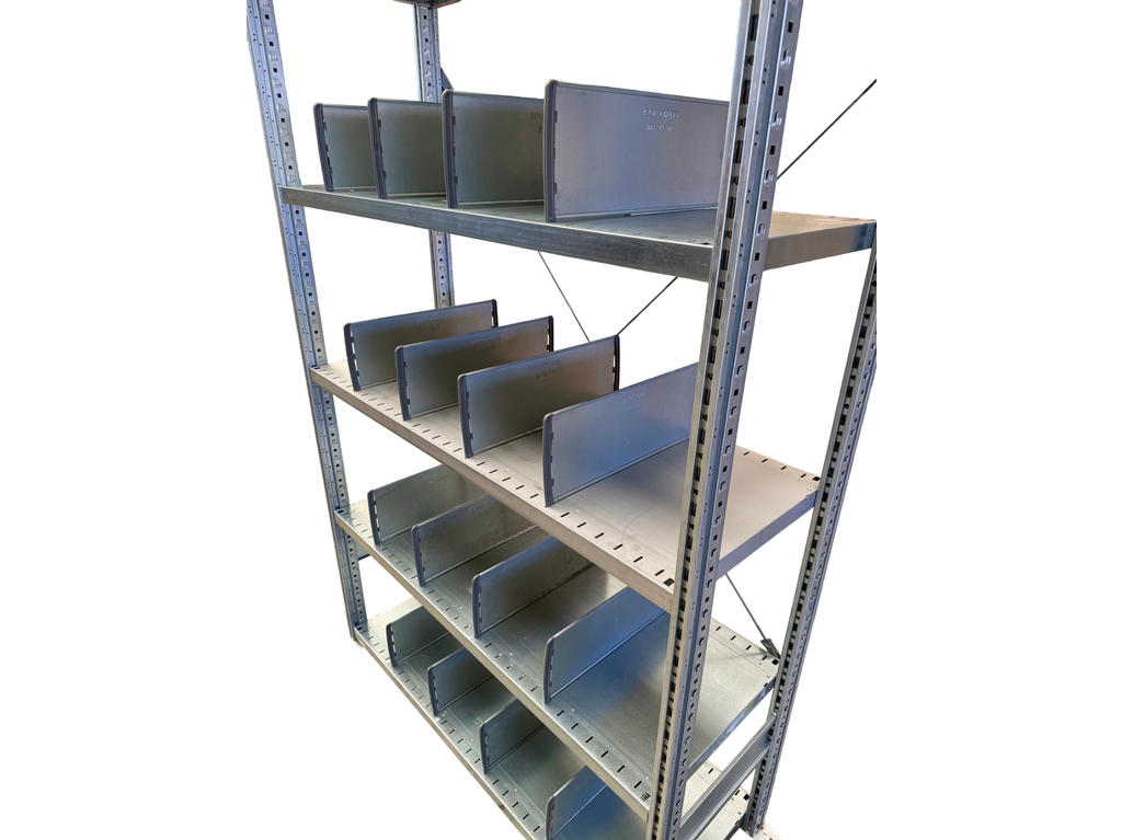 ca. 1,30 lfm. SSI Schäfer R3000 Fachbodenregal Grundfeld mit 20 Trennwänden | 2,49 m hoch | 50 cm tief | 150 kg pro Boden