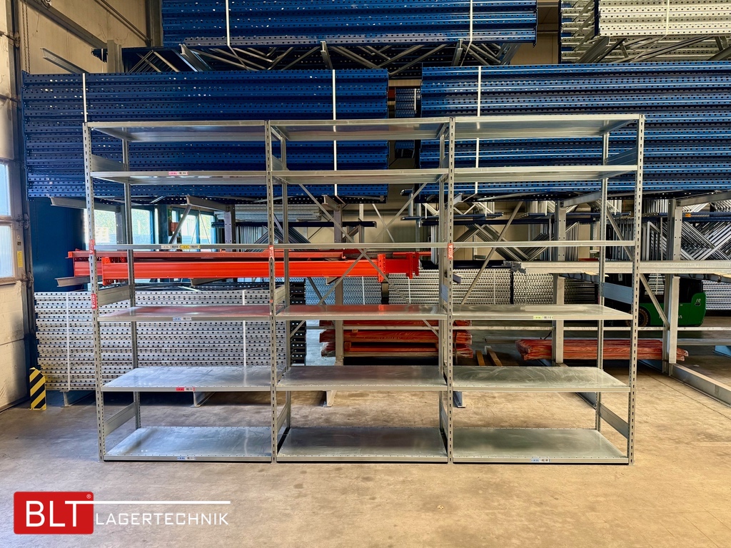 ca. 3,94 lfm Grund- und 2 Anbaufelder Gebrauchtes Fachbodenregal | 2,5 m hoch | 60 cm tief | 6 Ebenen | STOW Stowshelf