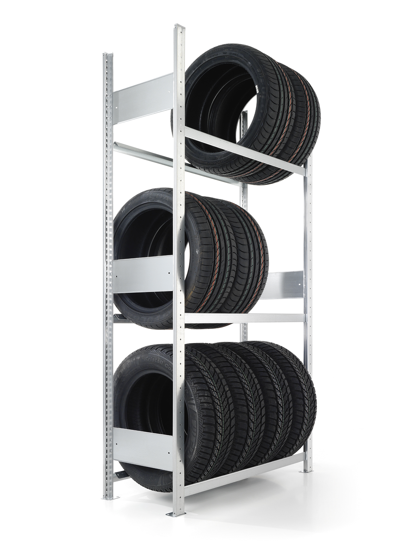 Reifenregal META – ca. 15 lfm | Höhe 200 cm | Tiefe 40 cm | 3 Ebenen | 150 kg Fachlast