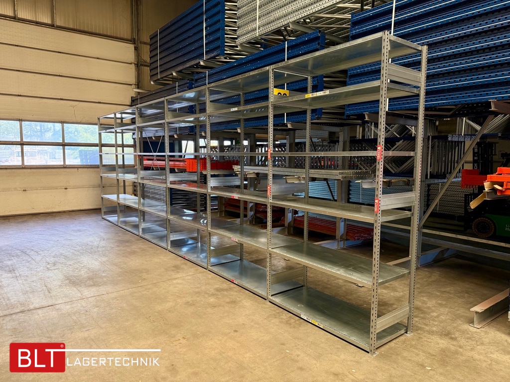 ca. 39,00 lfm Grund- und 29 Anbaufelder Gebrauchtes Fachbodenregal | 2,5 m hoch | 60 cm tief | 6 Ebenen | STOW Stowshelf