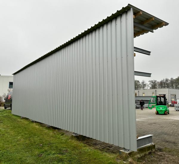 Kragarmregal – 14,20 lfm | Höhe 400 cm | Tiefe 147 cm | 4 Ebenen | 1000 kg/Arm | Mit Dach & Rückwand | Feuerverzinkt | BLT Kragarmregal Neuware