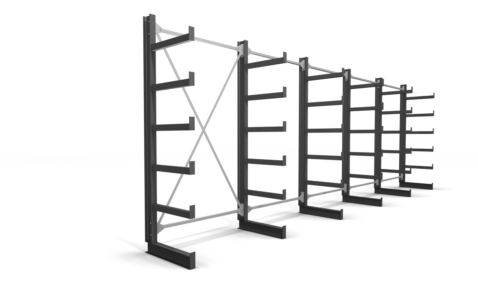 Kragarmregal einseitig 6,47 m – 200 cm | 200 kg pro Arm | BLT