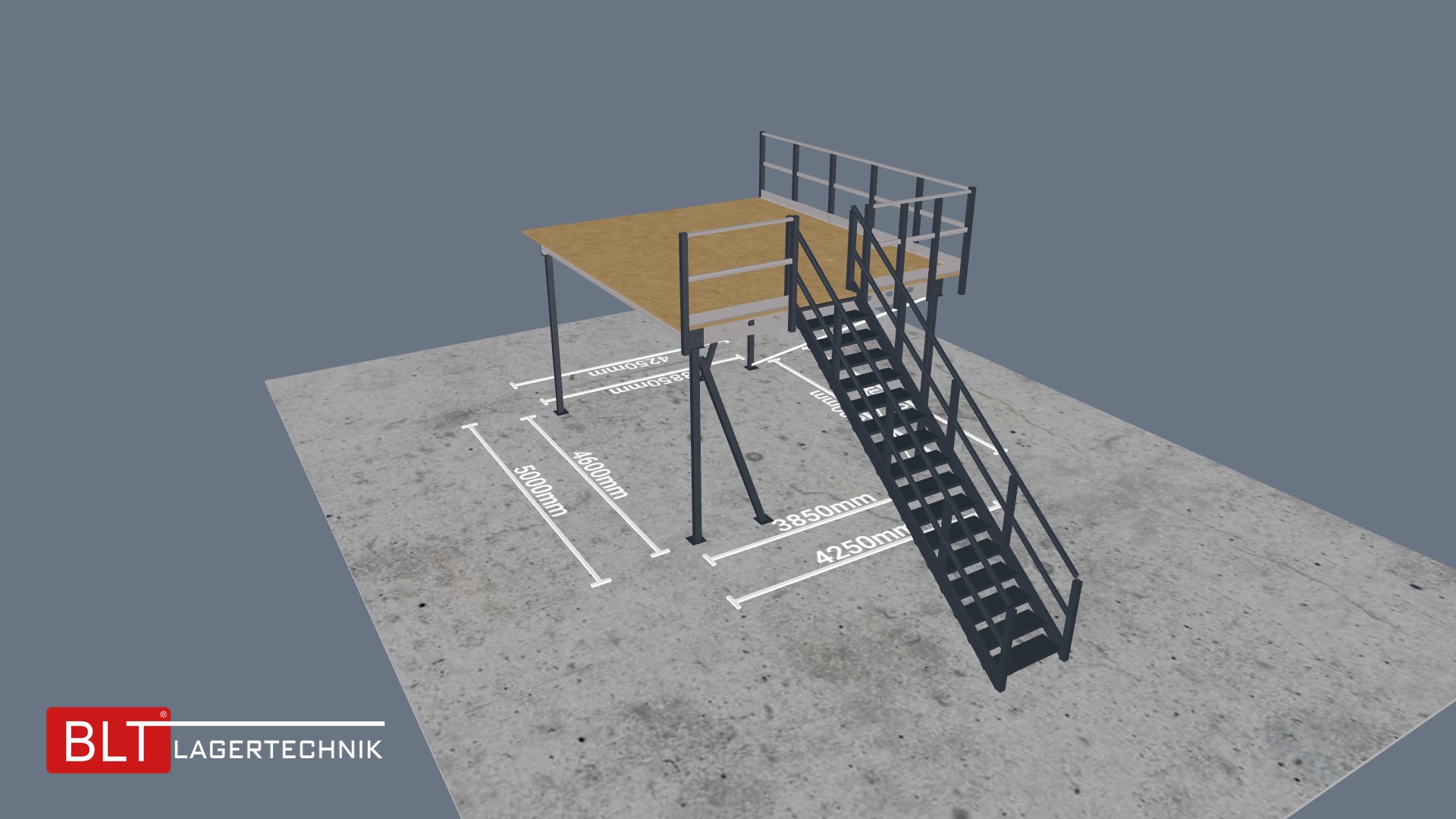 Lagerbühne 5x4,25 m – Unterkante 2,61 m | 500 kg/m² Traglast | Inkl. Ausstattung