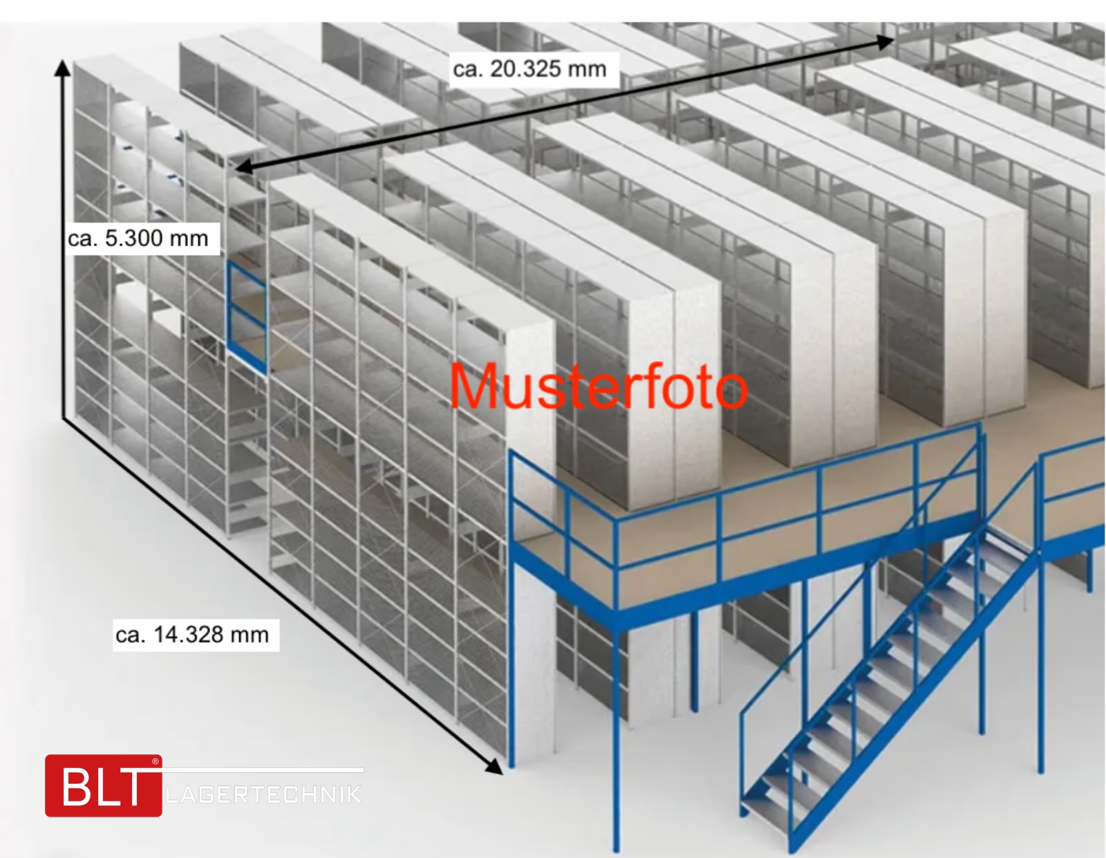 Fachbodenregal Geschossanlage 2 Ebenen META | ca. 20 x 14 m | 500 kg/m² Belastung