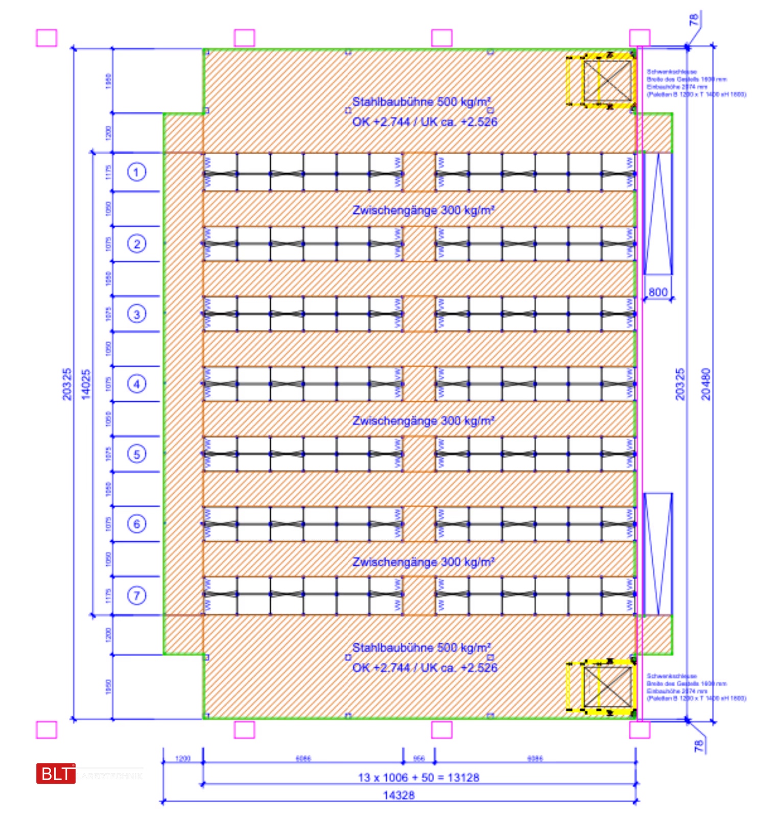 Fachbodenregal Geschossanlage 2 Ebenen META | ca. 20 x 14 m | 500 kg/m² Belastung