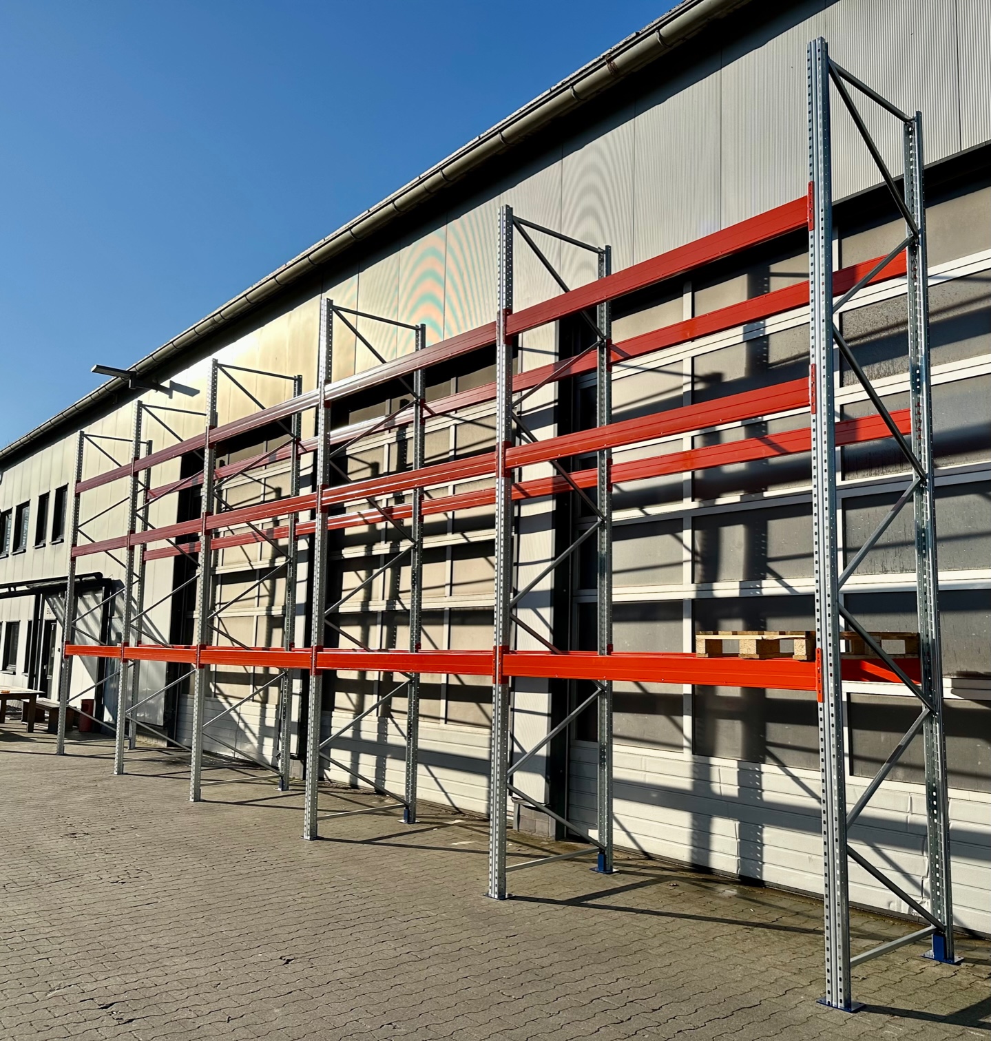 Palettenregal – ca. 100,16 lfm | Höhe 500 cm | Boden + 3 | 4500 kg Fachlast